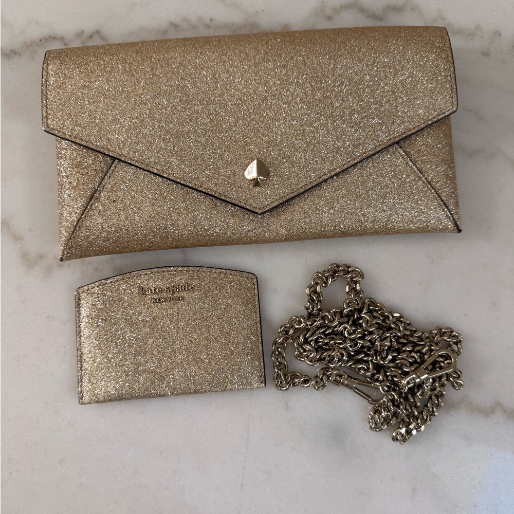 kate spade Gold Glitter Envelope Crossbody with Chain Strap